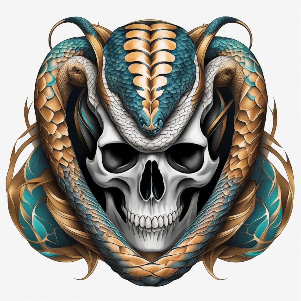 Snake skull tattoo, Creative tattoos featuring snakes intertwined with skull elements. colors, tattoo patterns, clean white background