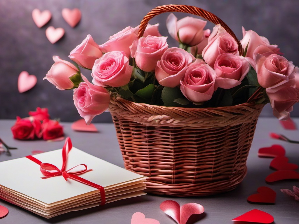 Valentine's Day background - Basket of love letters with wax-sealed envelopes and flowers  aesthetic background wallpaper