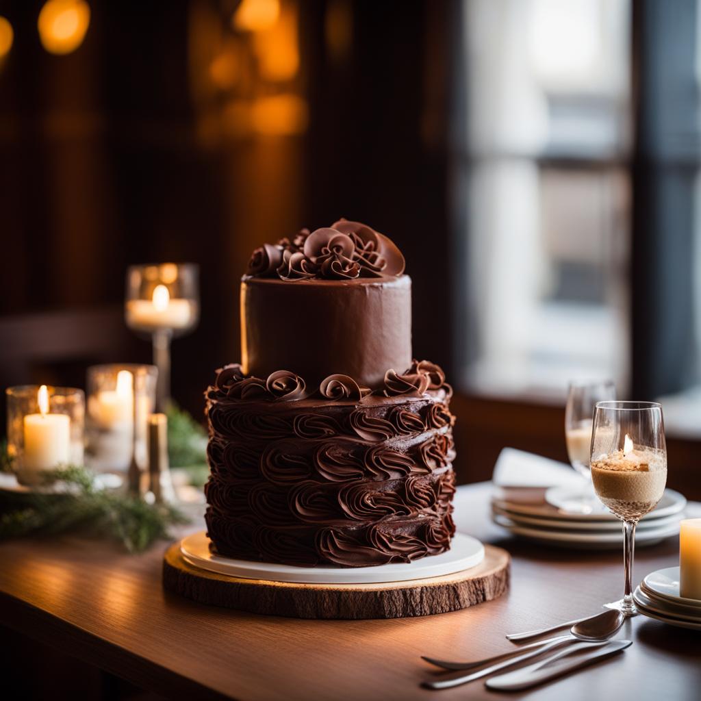 wedding chocolate cake in a cozy café: picture a rich chocolate wedding cake adorned with delicate chocolate curls, set against the warm ambiance of a rustic, candlelit café. 