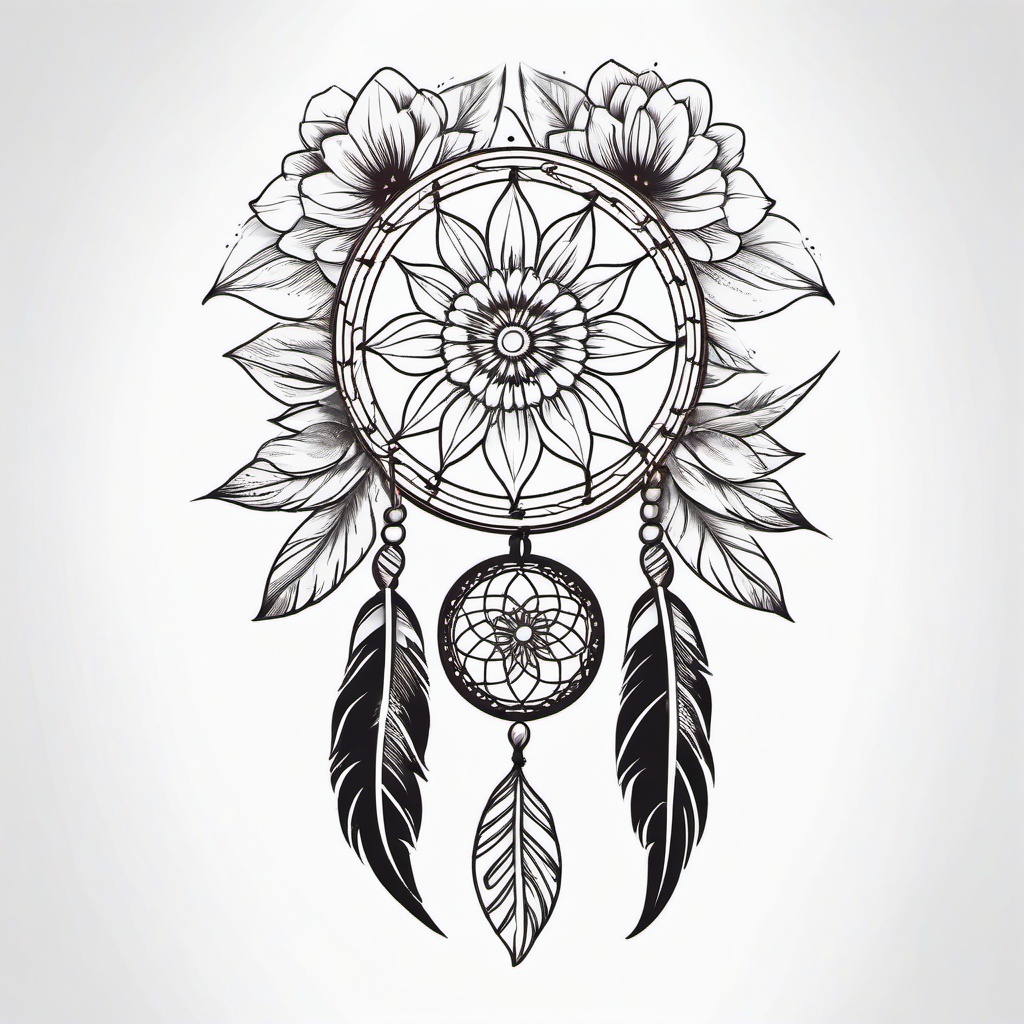 Dream Catcher with Flower Tattoo - Tattoo combining a dream catcher with floral motifs.  simple vector tattoo,minimalist,white background