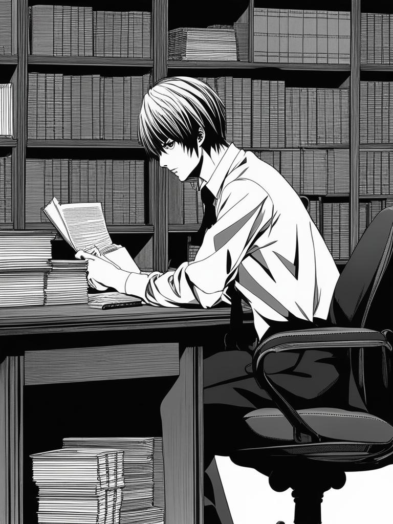 light yagami writes names in the death note while sitting at a meticulously organized desk. 