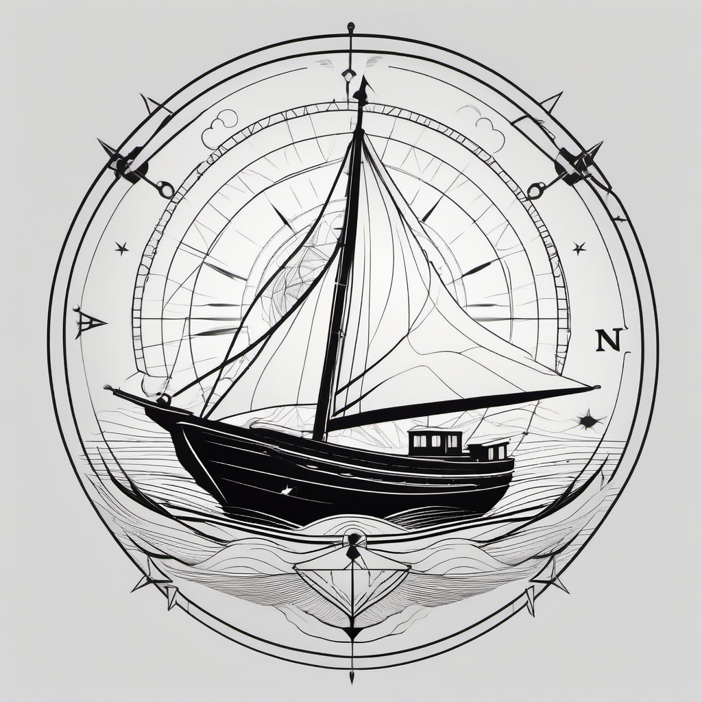 Boat with compass rose tattoo. Direction on the open sea.  minimalist black white tattoo style