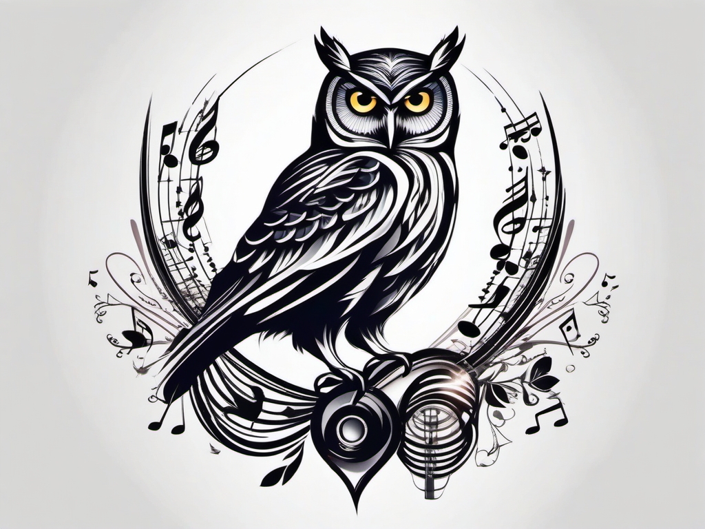 Owl tattoo surrounded by musical notes, creating a symphony.  color tattoo style, minimalist design, white background