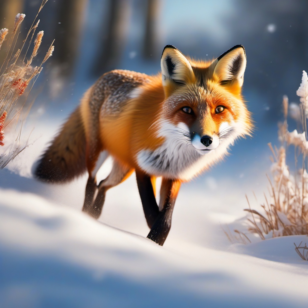 Depths of sunlit meadow, curious red fox pounces and plays in fresh, powdery snow, its vibrant fur stark contrast to white landscape. hyperrealistic, intricately detailed, color depth,splash art, concept art, mid shot, sharp focus, dramatic, 2/3 face angle, side light, colorful background