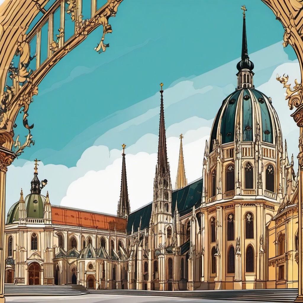 Vienna clipart - St. Stephen's Cathedral and Vienna cityscape,  color vector clipart