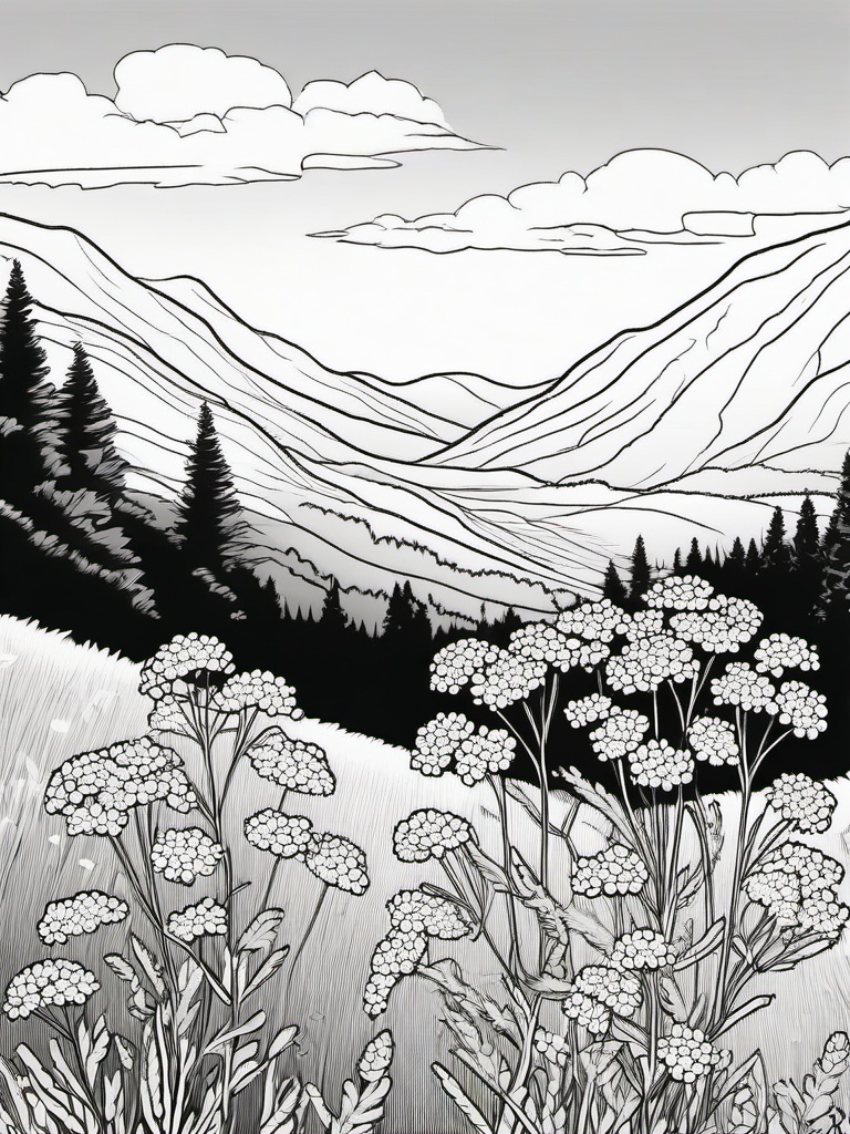 Yarrow coloring page sheet - Yarrow flowers dotting a hillside under the bright sun.  black outline printable coloring page