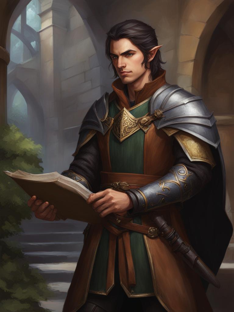 varis blackthorn, a half-elf paladin, is negotiating peace between rival factions in a bustling marketplace. 