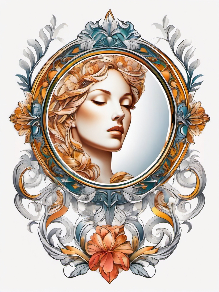 Aphrodite's mirror tattoo. Reflecting divine beauty.  color tattoo minimalist white background