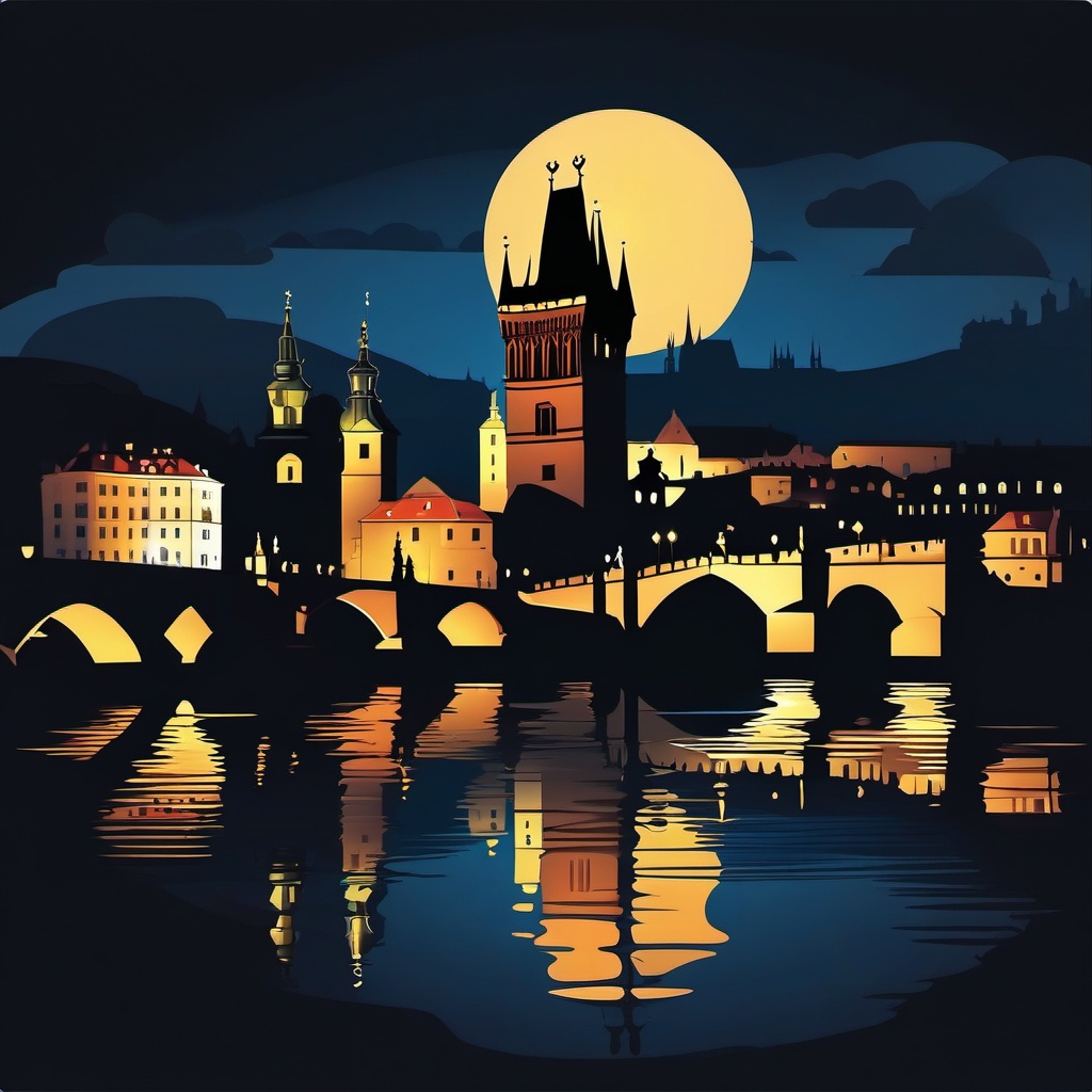 Charles Bridge Night sticker- Illuminated Charles Bridge in the evening in Prague, , sticker vector art, minimalist design