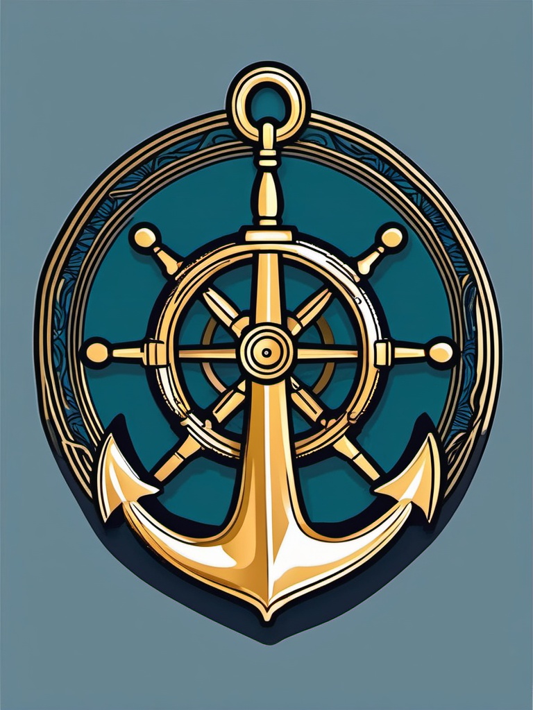 Anchor and Steering Wheel Sticker - Nautical anchor with a ship's steering wheel, ,vector color sticker art,minimal