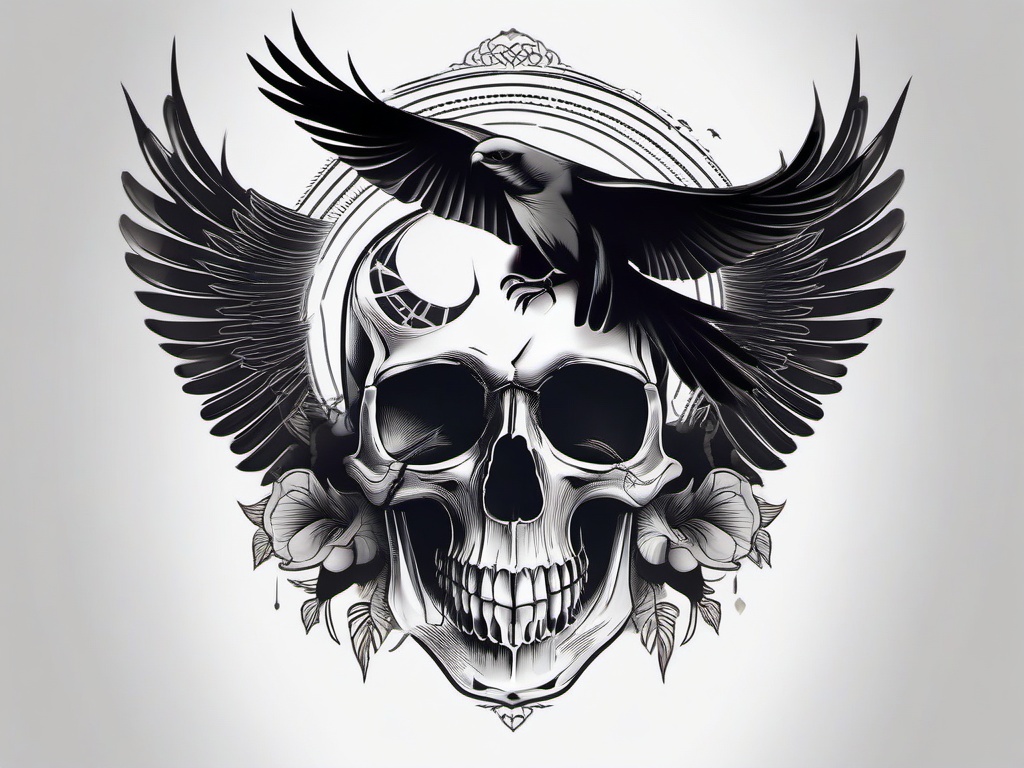 Bird Skull Tattoo - Dark bird and skull  minimal tattoo design, white background