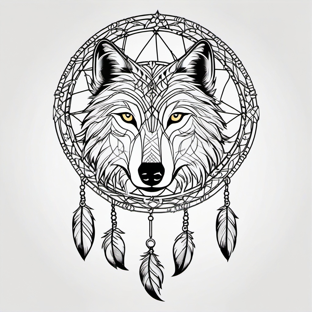 Wolf Dream Catcher Tattoo - Tattoo combining a dream catcher with wolf motifs.  simple vector tattoo,minimalist,white background