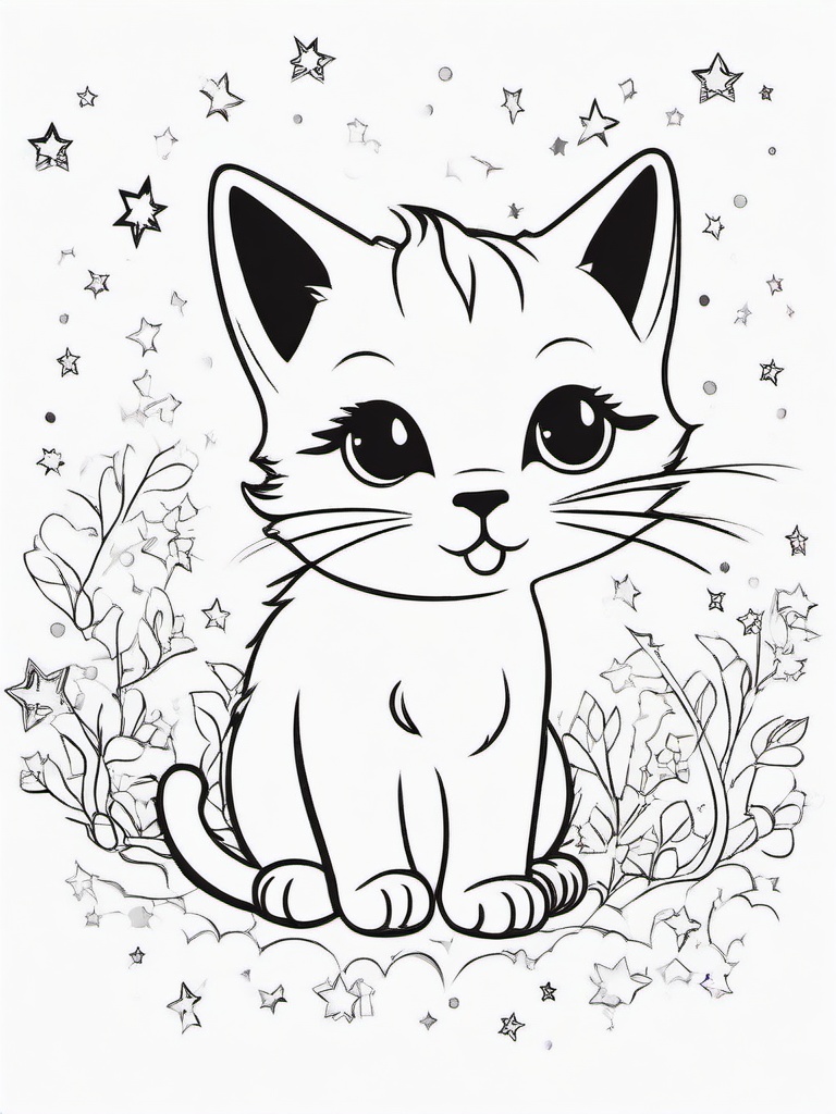 Kitty with Sparkling Stars Coloring Pages - Kitten Surrounded by Glittering Stars  minimal black outline printable sheet, coloring page