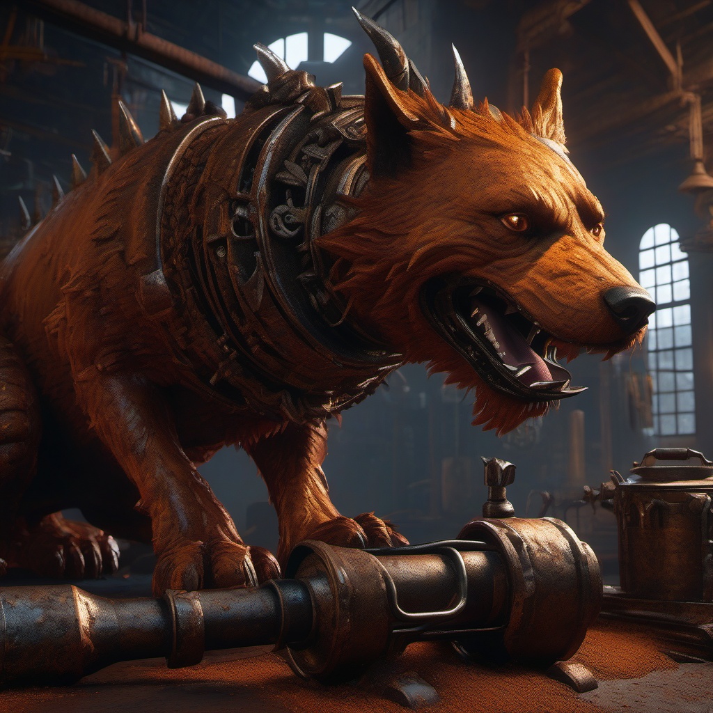 Rust Monster Pup Chomping on Metal with a Blacksmith detailed matte painting, deep color, fantastical, intricate detail, splash screen, complementary colors, fantasy concept art, 8k resolution trending on artstation unreal engine 5