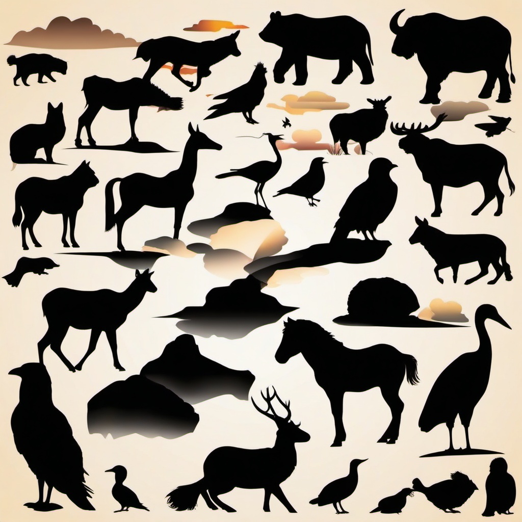 Animal clipart - animal silhouettes against a sunset  