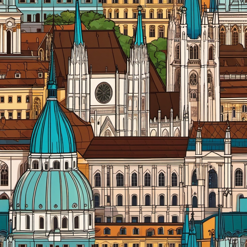 Vienna clipart - St. Stephen's Cathedral and Vienna cityscape,  color vector clipart