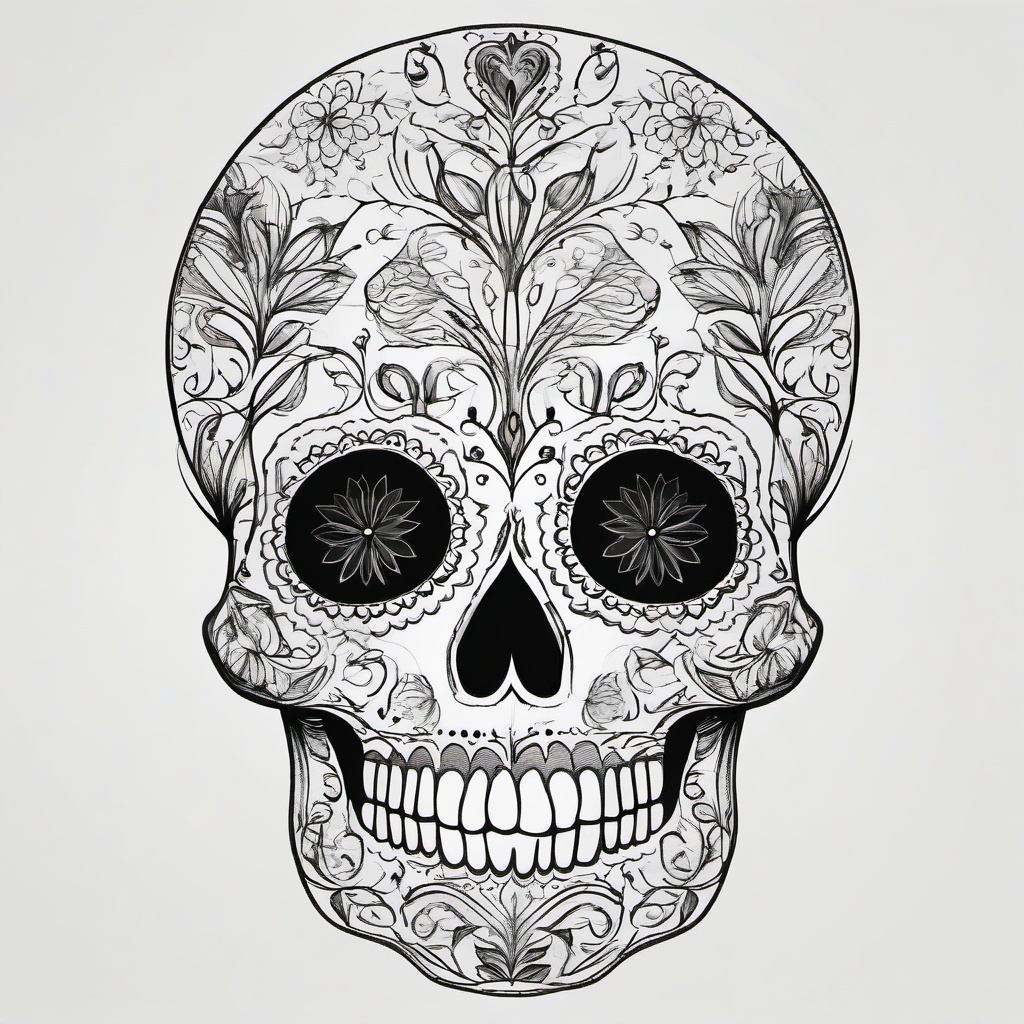 drawing of sugar skull  minimal rough sketch scribbles,doodles,black and white