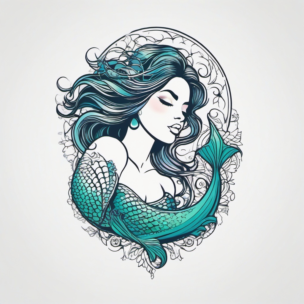 Amazing Mermaid Tattoos - Explore a collection of stunning and awe-inspiring mermaid-themed tattoos.  simple vector color tattoo,minimal,white background