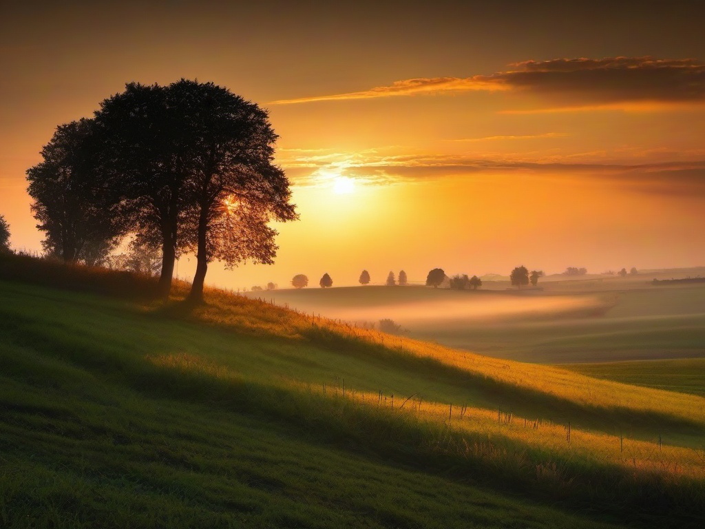 Sunset Wallpaper - Gentle rays on misty countryside.  sunset background