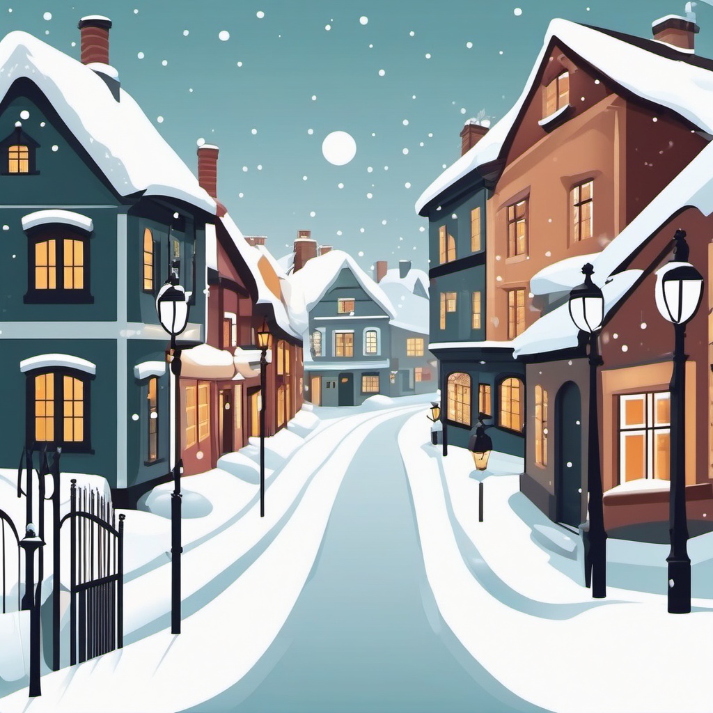 Snowy Village Street clipart - Quaint village street covered in snow, ,vector color clipart,minimal