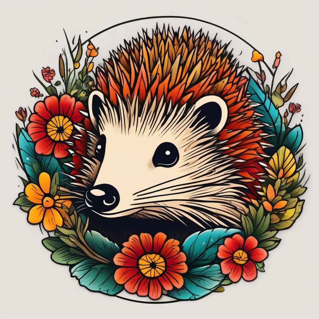 hedgehog tattoo - colourful, traditional 