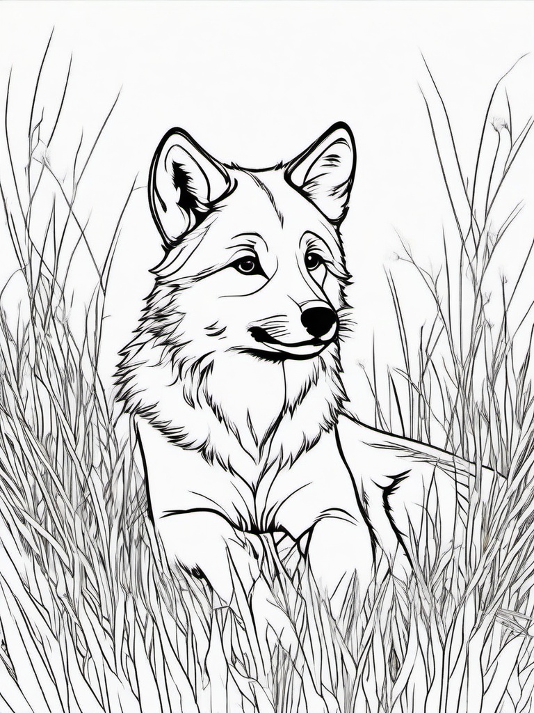 Wolf Cub Coloring Pages - Cute Baby Wolf Playing in the Grass  minimal black outline printable sheet, coloring page