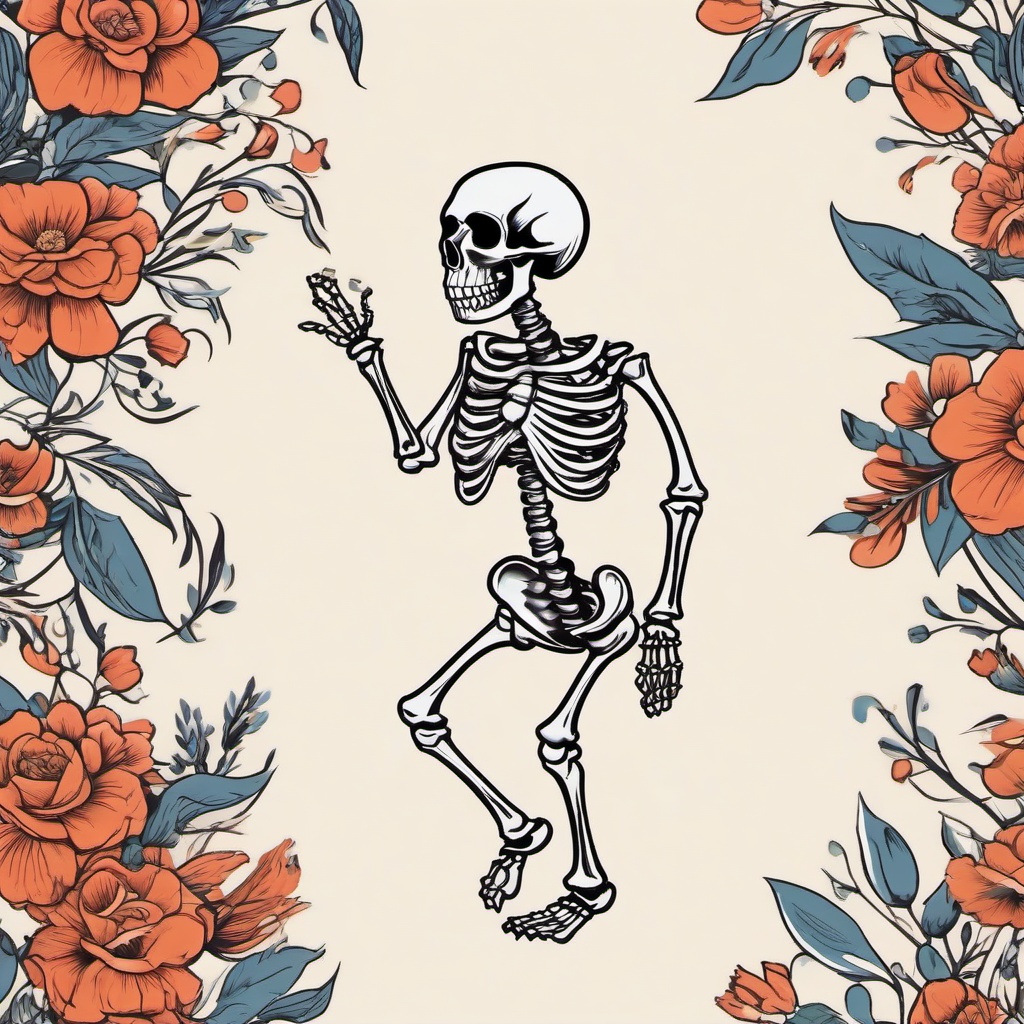 dancing skeleton tattoo with flowers  simple vector color tattoo