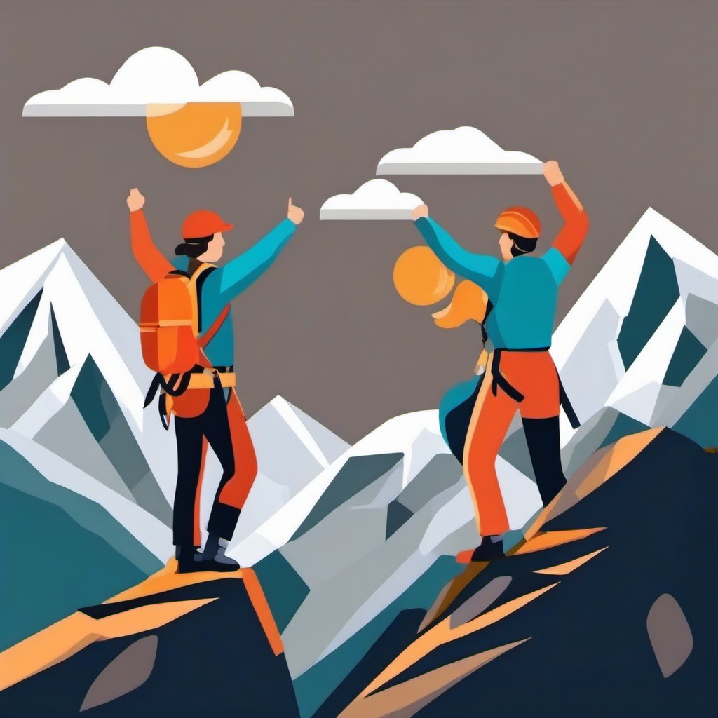 Mountain Climbing Summit Victory Clipart - Climbers celebrating a victorious summit.  color vector clipart, minimal style