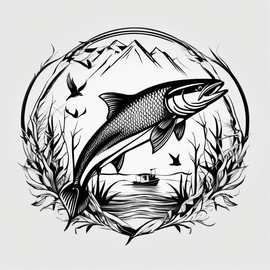 hunting fishing tattoo designs  simple color tattoo,minimal,white background