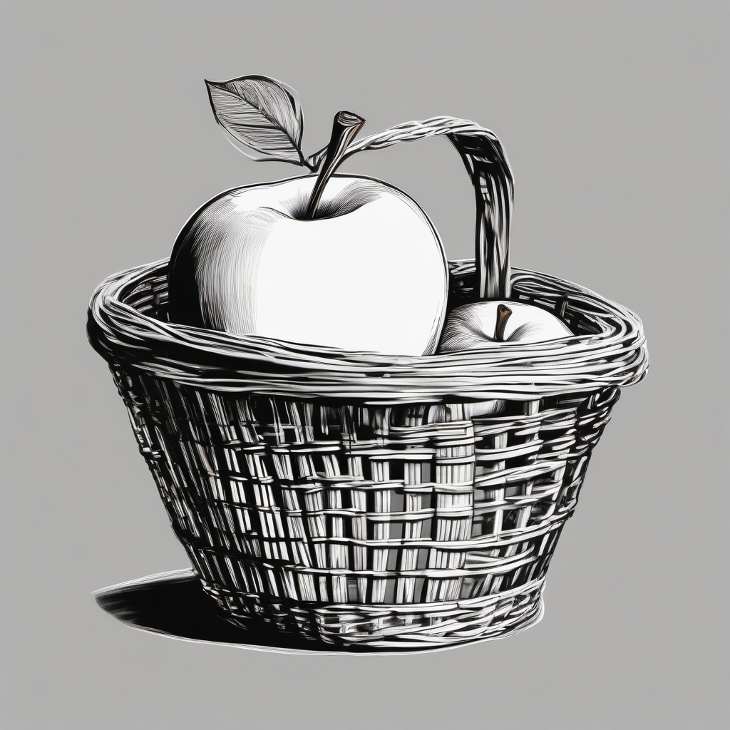 drawing of an apple in a basket  minimal rough sketch scribbles,doodles,black and white