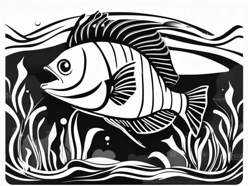 Black and White Clipart of Fish,Designing a monochrome marine life mural with black and white clipart of fish  simple, 2d flat