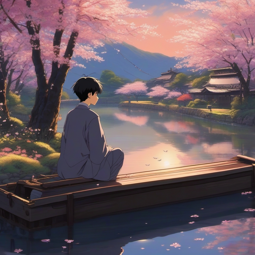 In a serene haven adorned with cherry blossoms, an anime boy contemplates the meaning of life, weaving philosophical reflections into the narrative.  1990s anime style