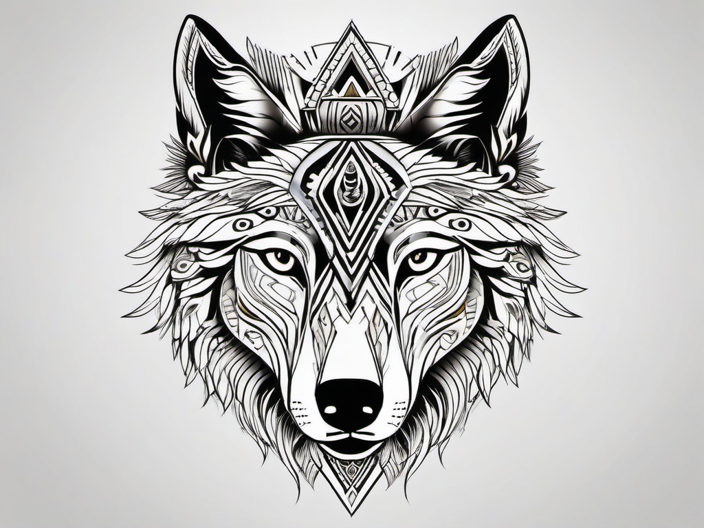 Indian Wolf Tattoo,tattoo inspired by indigenous cultures and featuring the majestic wolf. , tattoo design, white clean background