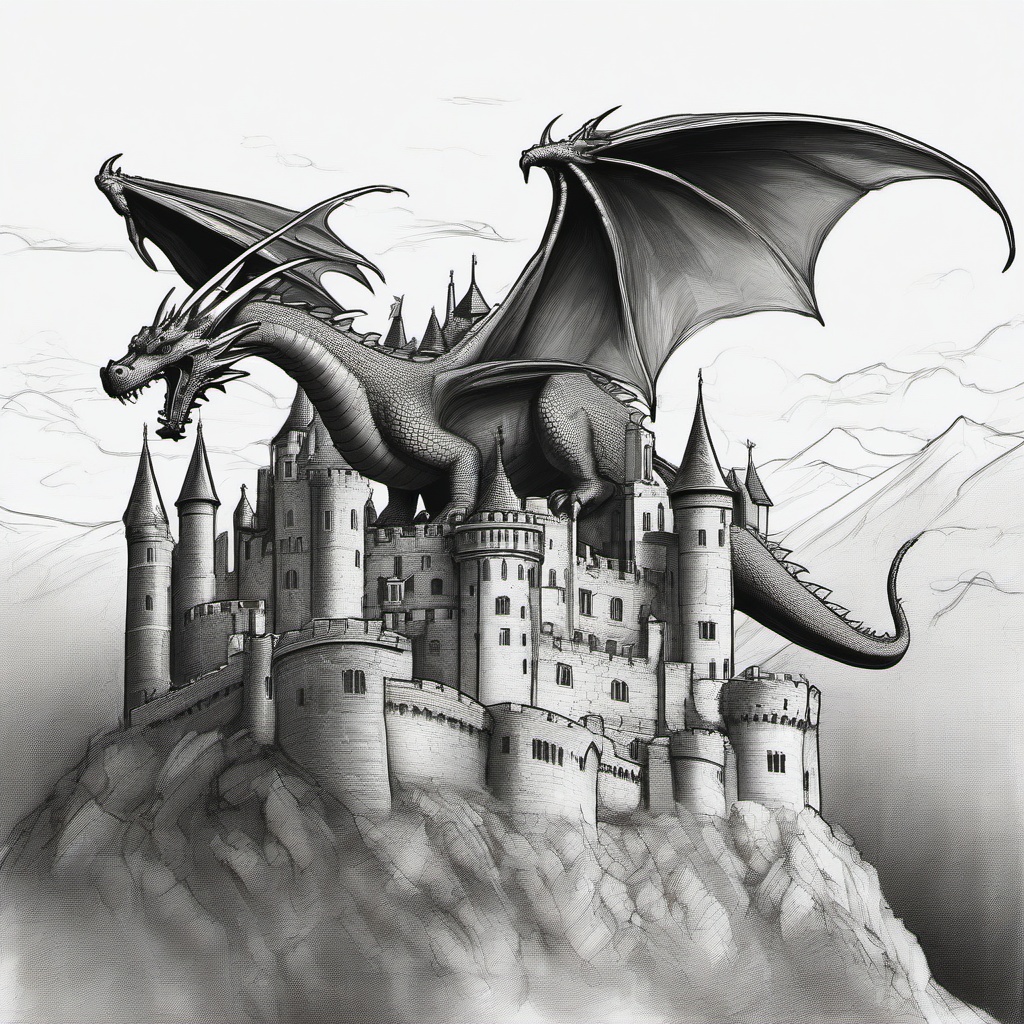 drawing of a dragon flying over a castle  minimal rough sketch scribbles,doodles,black and white