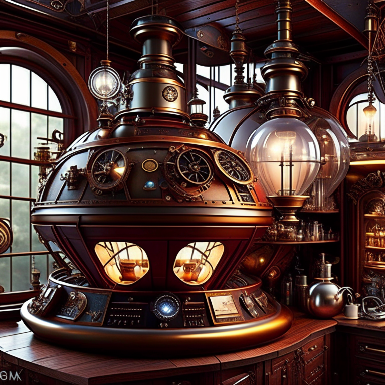 steampunk airship kitchen equipped with intricate machinery and gear-shaped light fixtures. 