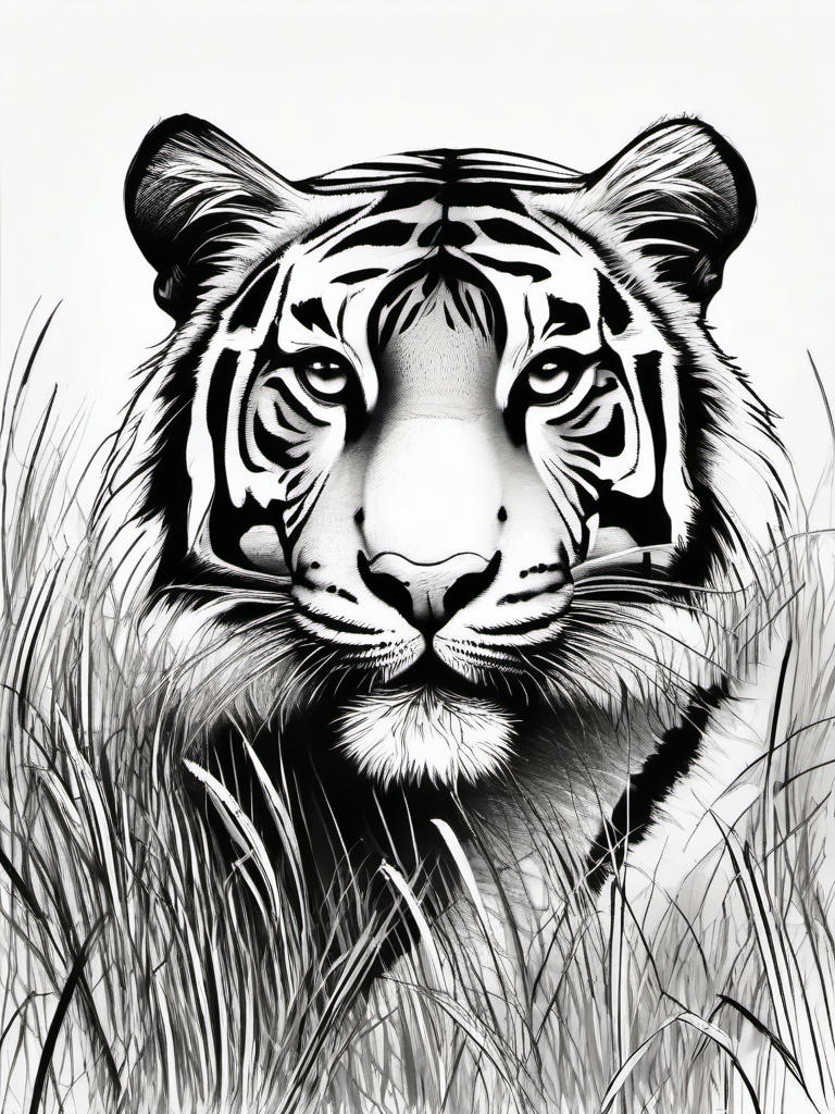 drawing of a tiger in the grass  minimal rough sketch scribbles,doodles,black and white