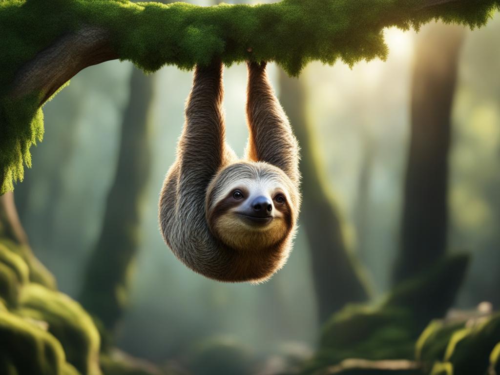 slothlet hanging upside down from a moss-covered tree branch 8k ultrarealistic cinematic 