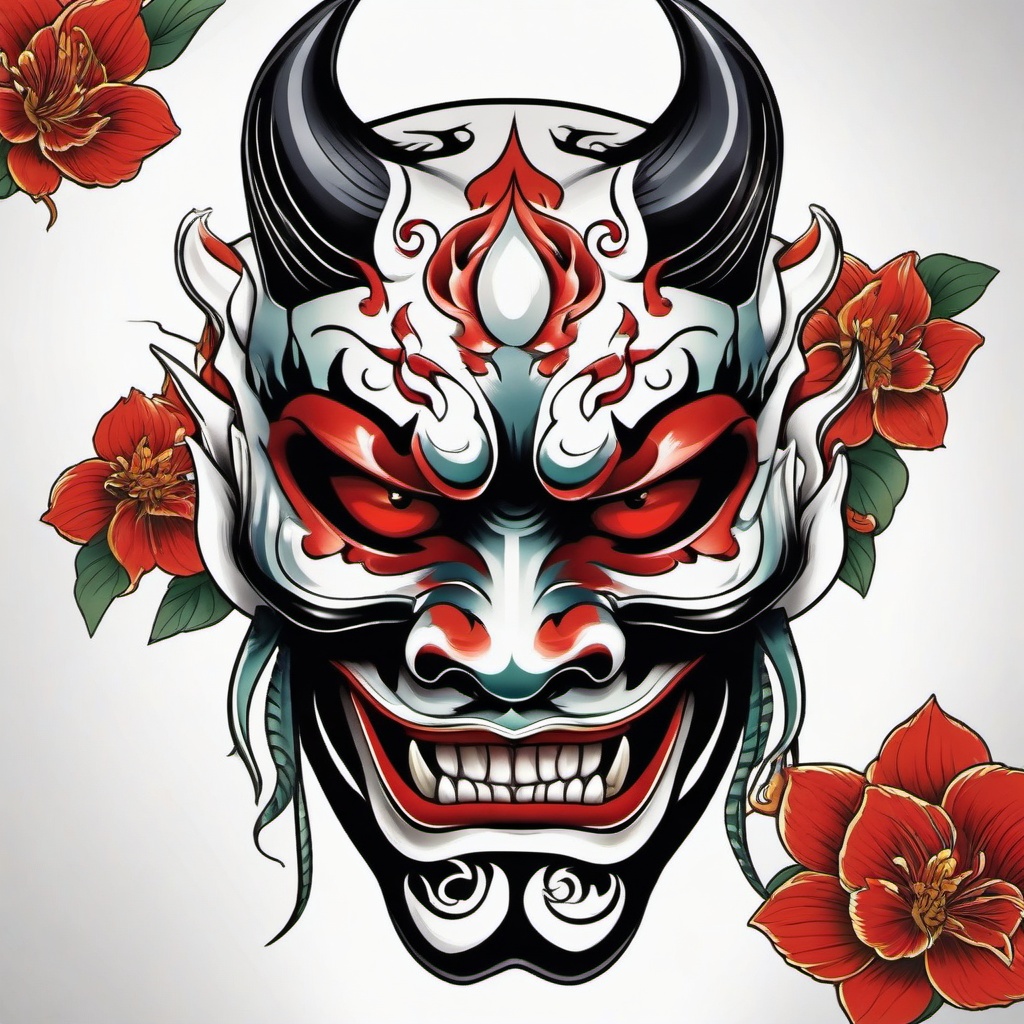 Mask Hannya Tattoo-Traditional Japanese tattoo featuring the Hannya mask, capturing the essence of Japanese artistry.  simple color tattoo,white background