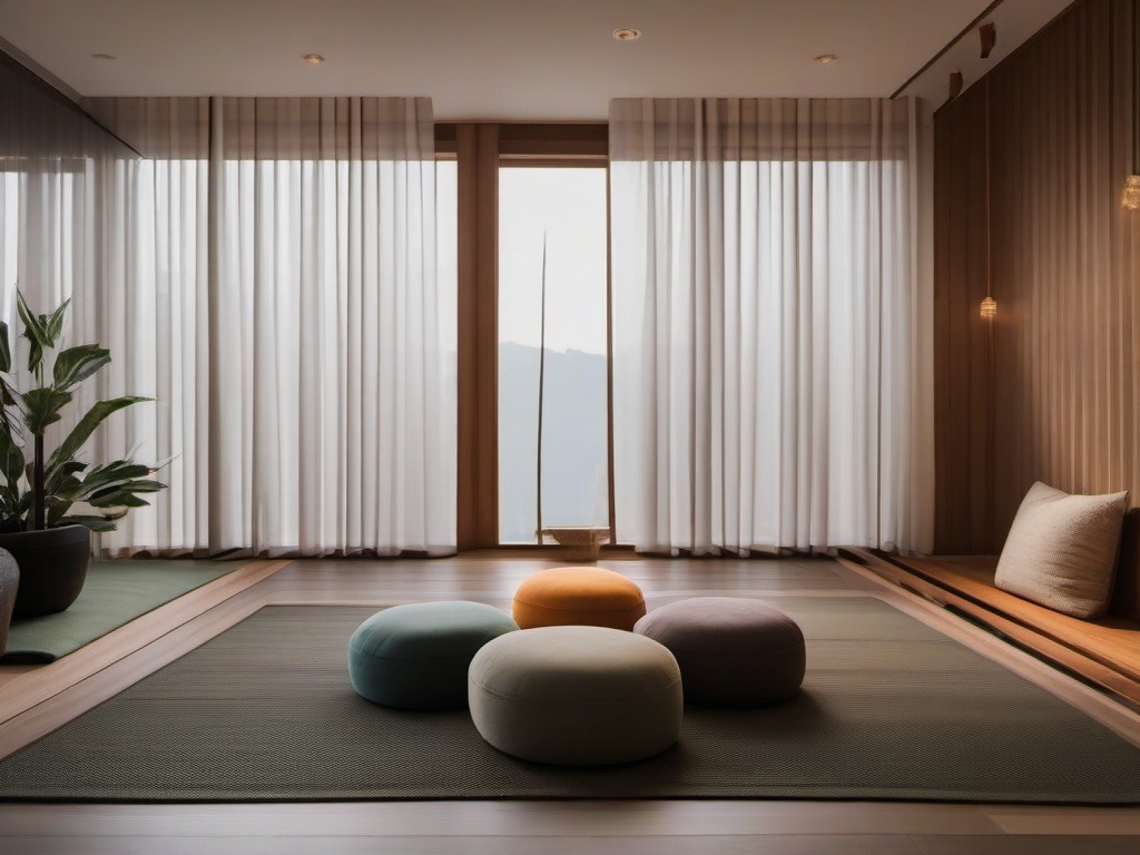 Zen meditation room features comfortable floor cushions, minimal decor, and calming colors, creating a peaceful environment for relaxation and mindfulness.  