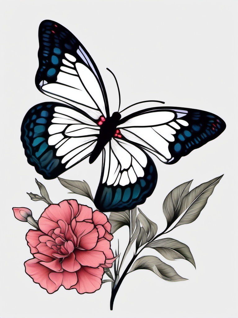 butterfly carnation tattoo  simple color tattoo, minimal, white background