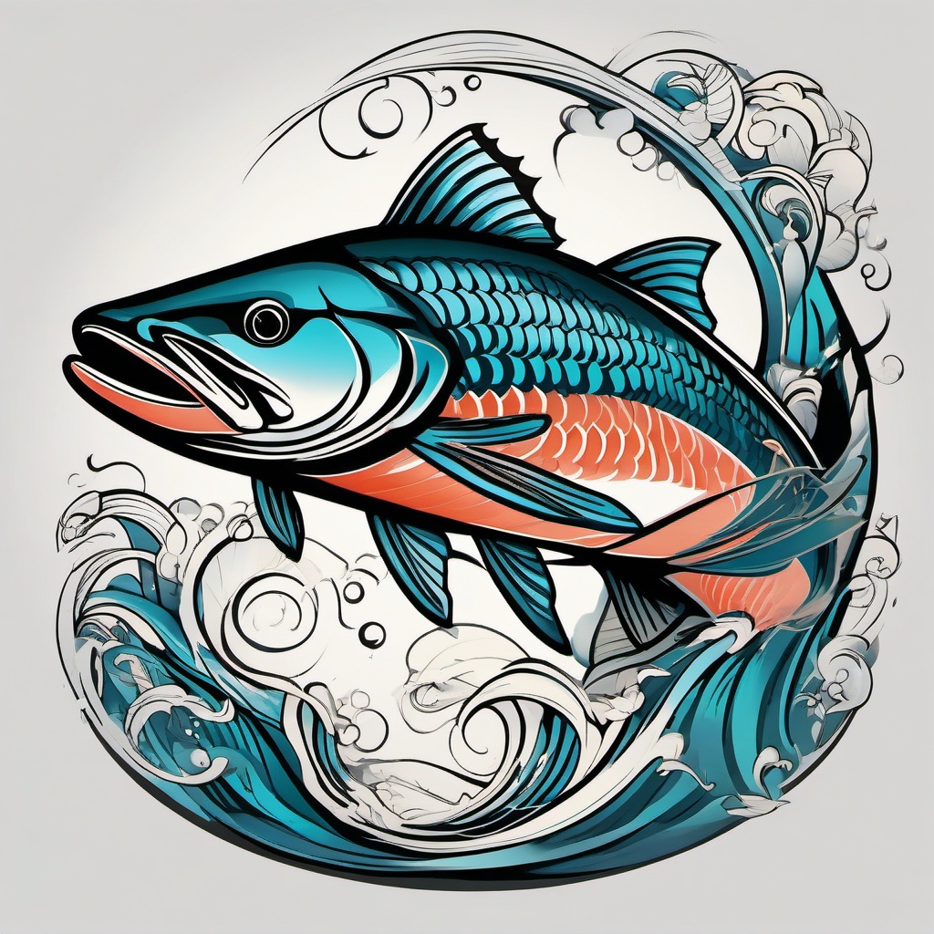 Salmon Fish Tattoo-Bold and dynamic tattoo featuring a salmon fish, capturing themes of determination, persistence, and the journey of life.  simple color vector tattoo
