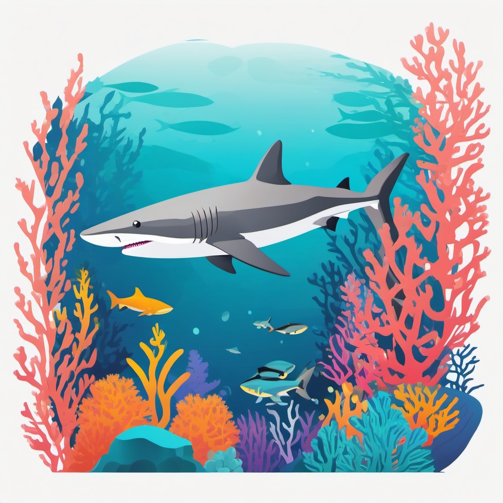 Reef Shark in Coral Wonderland Clip Art - A reef shark swimming through a vibrant coral reef,  color vector clipart, minimal style