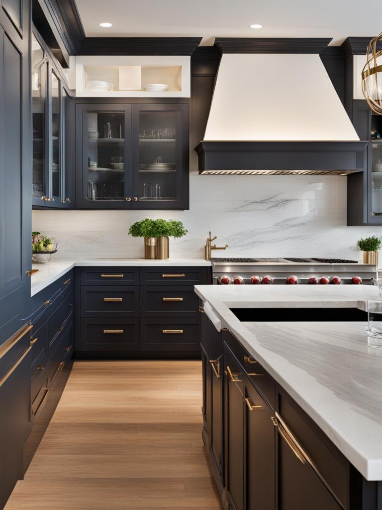 chic and elegant kitchen with marble countertops and a subway tile backsplash. 