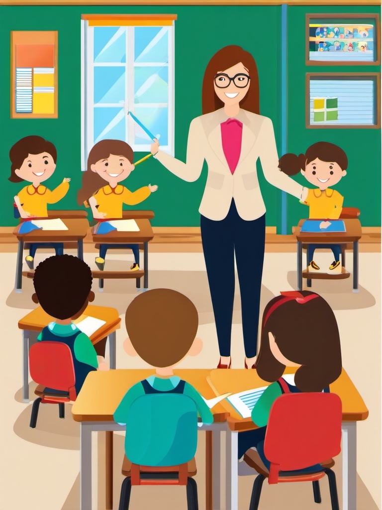 Teacher clipart - teacher with students in a classroom  