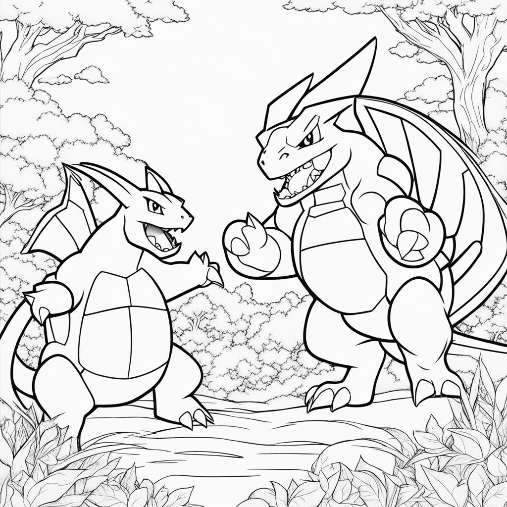 pokemon coloring pages - charizard and blastoise engage in an epic battle of elements. 