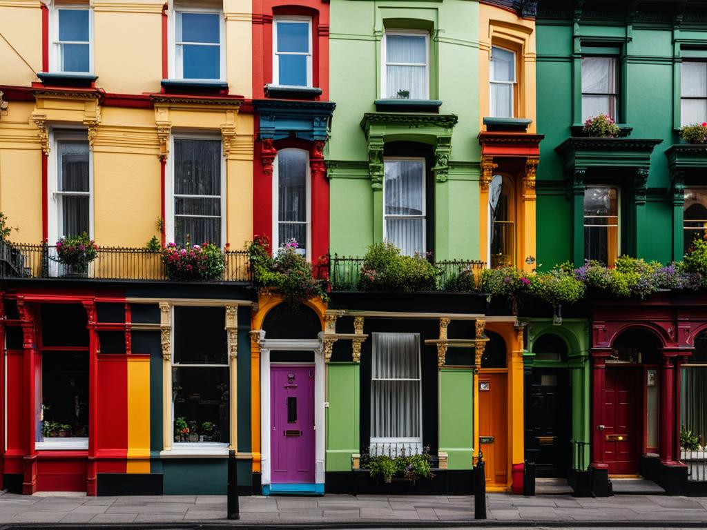 victorian terraces, with colorful facades, line the bustling streets of dublin, ireland. 