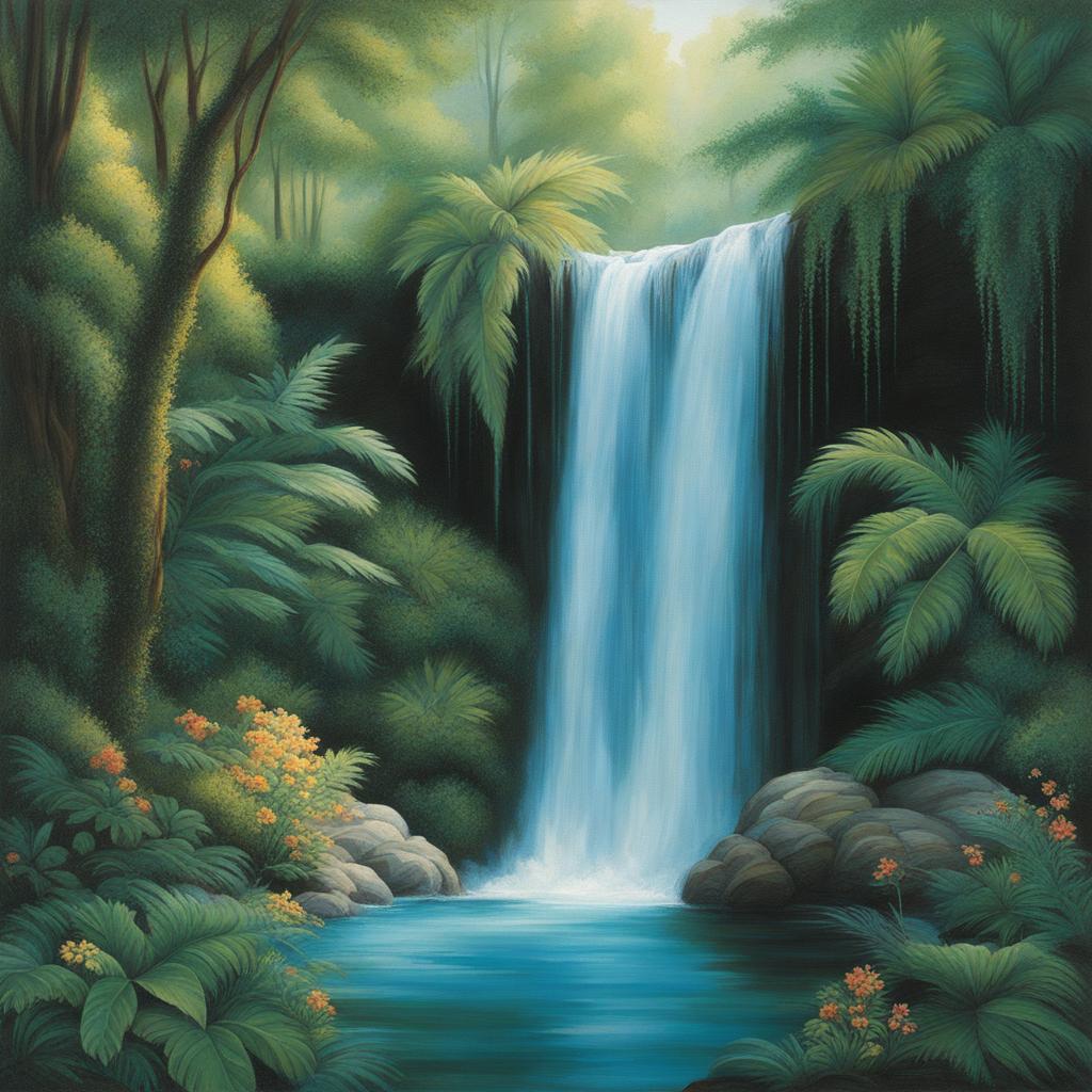 mystical waterfall - paint a mystical waterfall surrounded by lush vegetation and sparkling pools. 