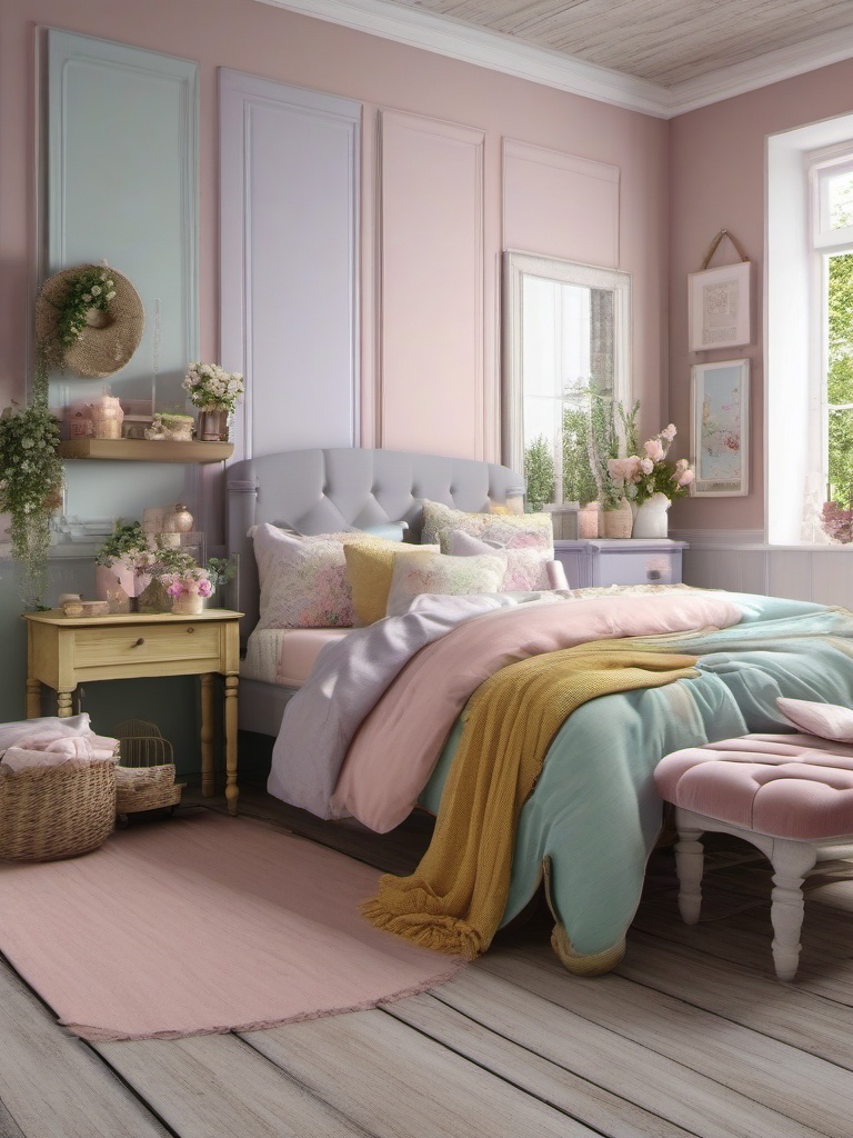 Shabby Chic Cozy Retreat - Embrace shabby chic style with distressed furniture and pastels. , bedroom interior decor design ideas, multicoloured, photo realistic, hyper detail, high resolution,