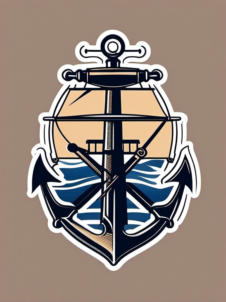 Anchor and Wheel Sticker - Nautical anchor with a ship's wheel, ,vector color sticker art,minimal