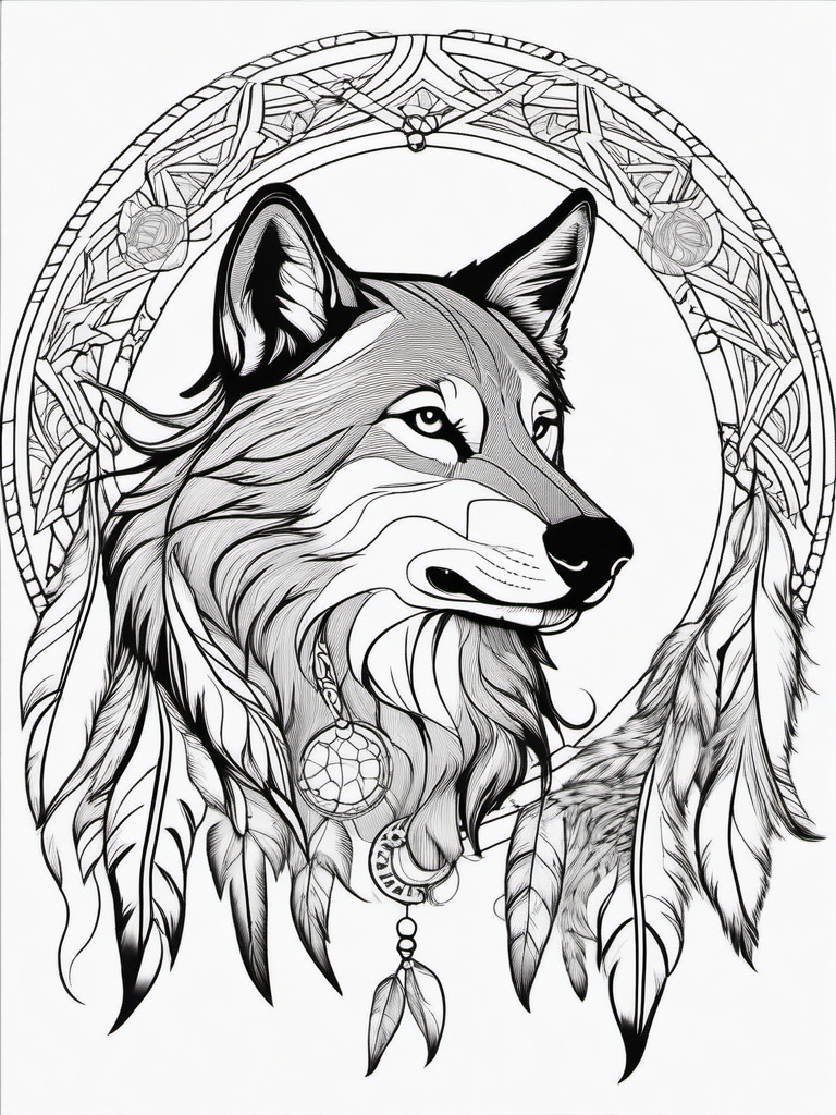 Wolf with Dreamcatcher Coloring Pages - Wolf Nestled by a Dreamcatcher  minimal black outline printable sheet, coloring page